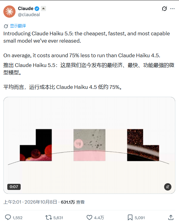 Anthropic 官方账号发布 Claude Haiku 5.5 的推文截图，称其运行成本平均比 Haiku 4.5 低约 75%